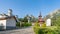 Caraiman monastery with Bucegi mountains in the background