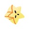 Carambola, exotic star-shaped fruit. Starfruit, cut half, cross-section with seeds and fresh ripe pulp. Tropical summer