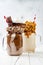 Caramel and chocolate crazy freakshake, milkshakes with brezel waffles, popcorn, marshmallow, ice cream and whipped cream.