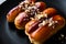 Caramel Eclairs with Hazelnut and cream in black plate.