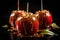 Caramel Glazed Apples with Toppings on Dark Background. Festive holiday food