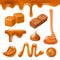 Caramel liquid. Drops and splashes from candy and caramel sweet creamy dessert cooking syrup vector realistic