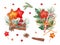 Caramels in the shape of star, star anise, cinnamon stick, pine sprig, red and orange berries. Candy cane. Sea buckthorn,