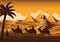 caravan of camel pass Pyramid,landmark of Egypt on sunset time,yellow color style