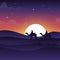 Caravan of camels night in desert silhouette cartoon vector illustration