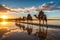 Caravan of camels on the salt lake at sunrise. Generative AI