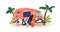 Caravan, camper car, trailer with surfboards. Summer travel van, holiday campervan with surf boards at seaside. RV for