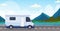 Caravan car traveling on highway recreational travel vehicle camping concept beautiful nature river mountains landscape