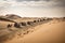 caravan crossing vast desert on ancient trade route, with sand dunes in the background