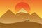 Caravan in desert on background of pyramids and sun. Modern hand drawn vector illustration, Flat style. Bedouin walking with two