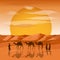 Caravan in desert vector background. Arab people and camels silhouettes in sands