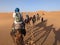 A caravan of dromedaries passing the Sahara desert in the evening