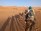 A caravan of dromedaries passing the Sahara desert in the evening