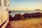 Caravan on spanish coast, Gibraltar rock on horizon