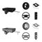 Caravan, wheel with tire cover, mechanical jack, steering wheel, Car set collection icons in black,monochrom style