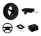 Caravan, wheel with tire cover, mechanical jack, steering wheel, Car set collection icons in black style vector symbol