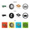 Caravan, wheel with tire cover, mechanical jack, steering wheel, Car set collection icons in cartoon,black,flat style