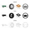 Caravan, wheel with tire cover, mechanical jack, steering wheel, Car set collection icons in cartoon,black,outline style
