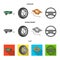 Caravan, wheel with tire cover, mechanical jack, steering wheel, Car set collection icons in cartoon,flat,monochrome
