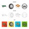 Caravan, wheel with tire cover, mechanical jack, steering wheel, Car set collection icons in cartoon,outline,flat style