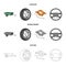 Caravan, wheel with tire cover, mechanical jack, steering wheel, Car set collection icons in cartoon,outline,monochrome