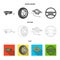 Caravan, wheel with tire cover, mechanical jack, steering wheel, Car set collection icons in flat,outline,monochrome