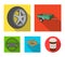 Caravan, wheel with tire cover, mechanical jack, steering wheel, Car set collection icons in flat style vector symbol