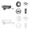 Caravan, wheel with tire cover, mechanical jack, steering wheel, Car set collection icons in outline,monochrome style