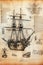 Caravel, sailing ship sketch. Technical drawing. Exploration and discovery concept. Nautical poster artwork design. Generative Ai