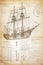 Caravel, sailing ship sketch. Technical drawing. Exploration and discovery concept. Nautical poster artwork design. Generative Ai