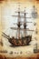 Caravel, sailing ship sketch. Technical drawing. Exploration and discovery concept. Nautical poster artwork design. Generative Ai