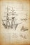 Caravel, sailing ship sketch. Technical drawing. Exploration and discovery concept. Nautical poster artwork design. Generative Ai