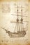 Caravel, sailing ship sketch. Technical drawing. Exploration and discovery concept. Nautical poster artwork design. Generative Ai