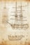 Caravel, sailing ship sketch. Technical drawing. Exploration and discovery concept. Nautical poster artwork design. Generative Ai