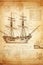 Caravel, sailing ship sketch. Technical drawing. Exploration and discovery concept. Nautical poster artwork design. Generative Ai