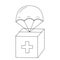 Carboard box with medical cross and parachute. Concept of international air shipping and fast delivery. Humanitarian aid for poor