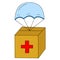 Carboard box with medical cross and parachute. Concept of international air shipping and fast delivery. Humanitarian aid for poor