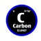 Carbon C button on black and white circle button background with blue outline on the periodic table of elements with atomic numb