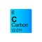 Carbon chemical element of Mendeleev Periodic Table on blue background.