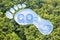 Carbon footprint concept with CO2 text and footprint shape against woodland - CO2 Neutral and ecological concept with foot symbol