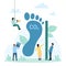 Carbon footprint pollution, environmental effect, tiny people measure big foot of CO2