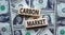 Carbon market symbol. Concept words `carbon market` on wooden blocks on a beautiful background from dollar bills. Business and