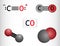 Carbon monoxide, CO molecule. Ð¡arbon and oxygen atoms are connected by a triple bond. Structural chemical formula and molecule