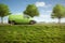 Carbon-neutral delivery with a green van driving on a country road with green trees