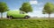 Carbon-neutral delivery with a green van driving on a country road with green trees