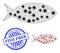 Carcass Mesh Fish Icons with Coronavirus Nodes and Distress Round Fish Free Stamp Seal