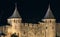 Carcassone medieval castle night view.