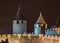 Carcassone medieval castle night view.