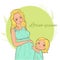 Card with beautiful blond pregnant woman with a child