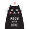 Card with black cat, pink heart and text meow with love.